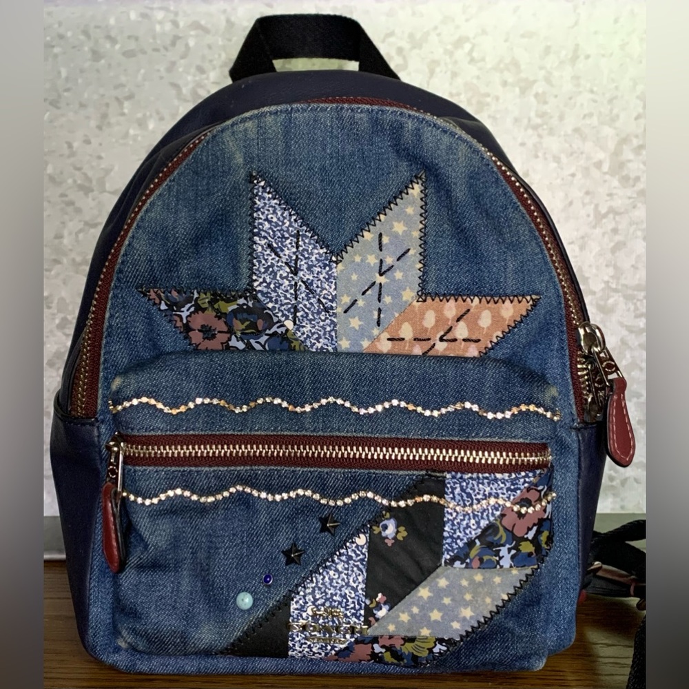 💥Big Price Drop COACH MINI CHARLIE DENIM & LEATHER BACKPACK WITH STAR PATCHWORK